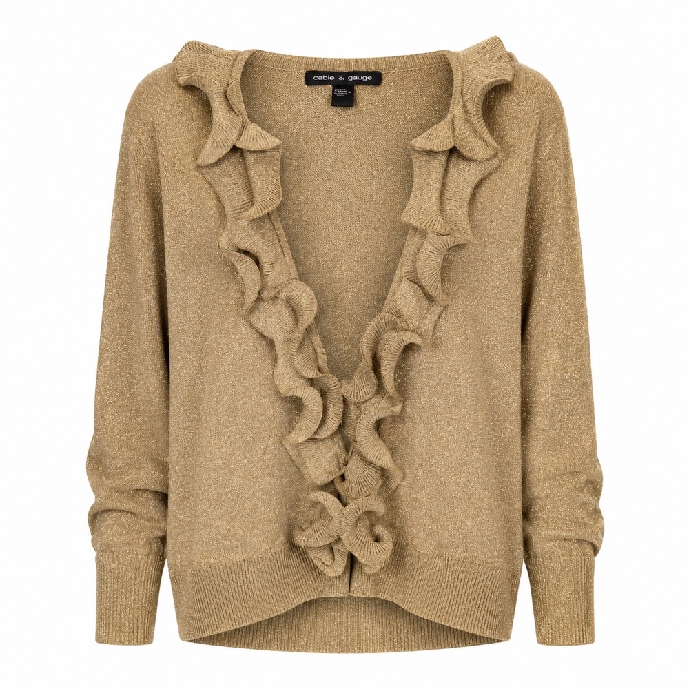 Cable Gauge Womens Cardigan XL Cotton Gold Metallic Shimmer Ruffle Glam Cropped